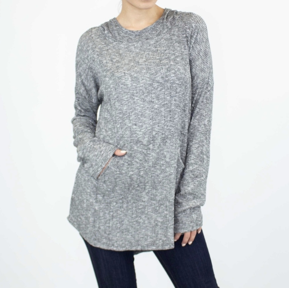 Charcoal Gray Long Sleeve Hooded Pocket Top